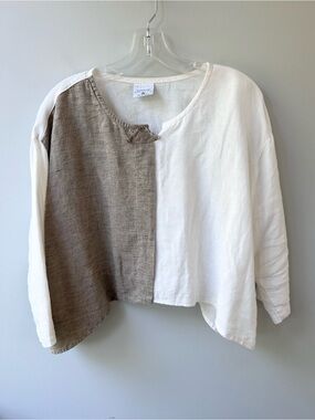 Two-Tone Linen Blend Button-Front Blouse - White & Taupe